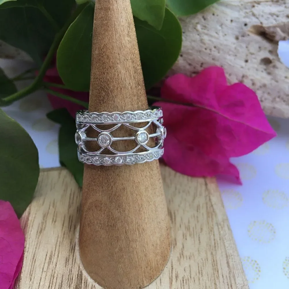 Wide sterling silver CZ cage ring 8